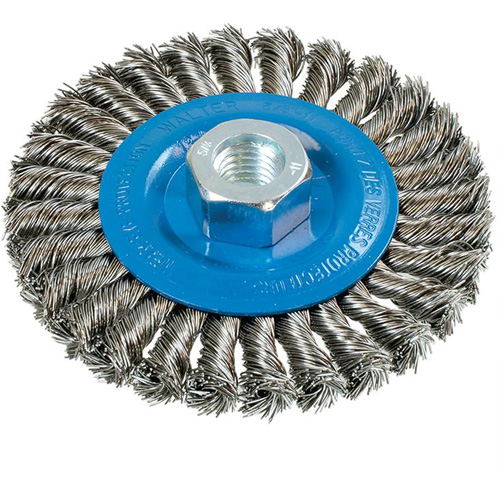Brosse rotative &agrave; fils nou&eacute;s large, Dia. 4-1/2", Fils 0,02", Arbre 5/8"-11, Aluminium/Acier inoxydable Solutions industrielles ALPHA