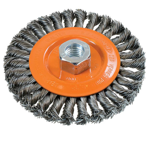 Wide Knotted Wire Wheel Brush, 5" Dia., 0.02" Fill, 5/8"-11 Arbor, Steel Solutions industrielles ALPHA