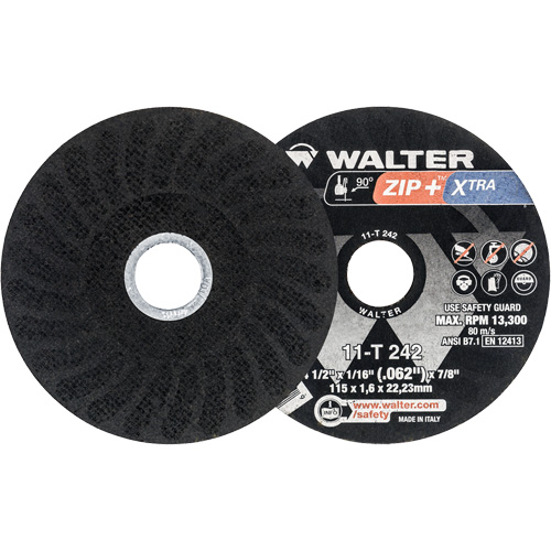 Meules &agrave; tronçonner renforc&eacute;es Zip+ pour meuleuse &agrave; angle droit, 4-1/2" x 1/16", Arbre de 7/8", Type 1, Alumine de zirconium, 13 300 Tr/min Solutions industrielles ALPHA