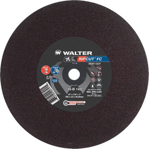 Ripcut Stainless Steel & Steel Cut-Off Wheel for Stationary Saws, 14" x 1/8", 1" Arbor, Type 1, Aluminum Oxide, 4400 RPM Solutions industrielles ALPHA