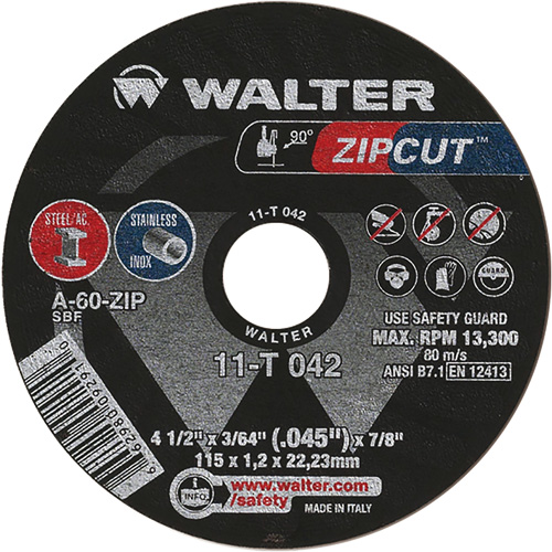 Zipcut Cut-Off Wheel, 4-1/2" x 3/64", 7/8" Arbor, Type 1, Aluminum Oxide, 13300 RPM Solutions industrielles ALPHA