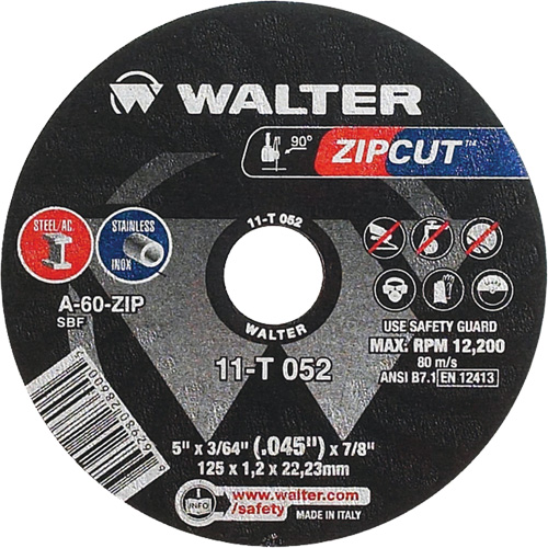 Zipcut Cut-Off Wheel, 5" x 3/64", 7/8" Arbor, Type 1, Aluminum Oxide, 12200 RPM Solutions industrielles ALPHA
