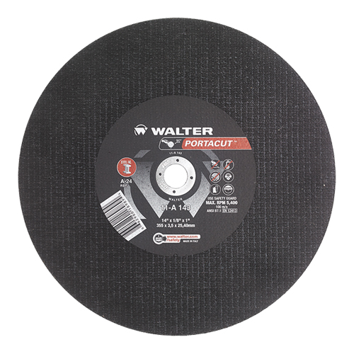 Meule &agrave; tronçonner rapide en acier inoxydable Portacut, 14" x 1/8", Arbre de 1", Type 1, Oxyde d'aluminium, 5400 Tr/min Solutions industrielles ALPHA