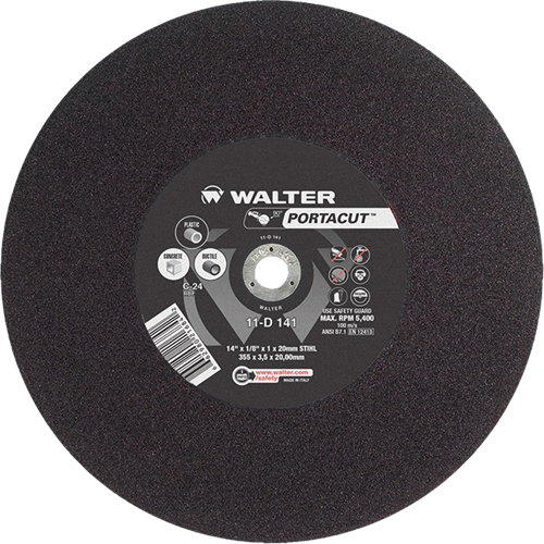 Meule &agrave; tronçonner rapide en acier inoxydable Portacut, 14" x 1/8", Arbre de 7/8", Type 1, Carbure de silicium, 5400 Tr/min Solutions industrielles ALPHA