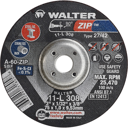 Disque de meulage et de tronçonnage Zip, 3" x 1/13", Arbre de 3/8", Type 27, Grain de 60, Oxyde d'aluminium Solutions industrielles ALPHA
