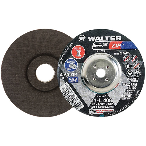 Disque de meulage et de tronçonnage Zip, 4" x 1/32", Arbre de 3/8", Type 27, Grain de 60, Oxyde d'aluminium Solutions industrielles ALPHA