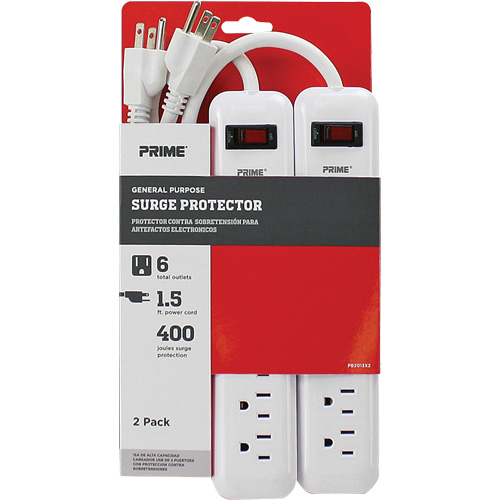 Barre multiprise limiteur de surtension, paquet de 2, 6 Prises, 400 J, 1875 W, Cordon 1,5' Solutions industrielles ALPHA
