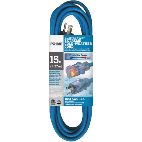 Glacier Flex&reg; Extreme Cold Weather Extension Cord, Outdoor, SJTW, 16/3 AWG, 13 A, 15' Solutions industrielles ALPHA