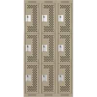 Clean Line Lockers, 3 -tier, Bank of 3, 36" x 12" x 72", Steel, Beige, Rivet (Assembled), Perforated Solutions industrielles ALPHA