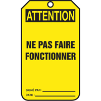 &eacute;tiquettes de verrouillage, Papier cartonn&eacute;, 3-1/8" la x 5-7/8" h, Français Solutions industrielles ALPHA